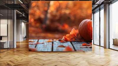 Autumn tabletop with pumpkin and candle for Halloween and Thanksgiving. Wall mural