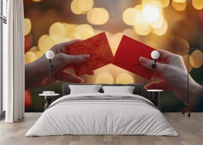 Close-up of hands exchanging red envelopes during Lunar New Year. Wall mural