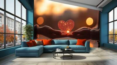 Hands Holding Glowing Heart Amidst Warm Bokeh Lights Wall mural