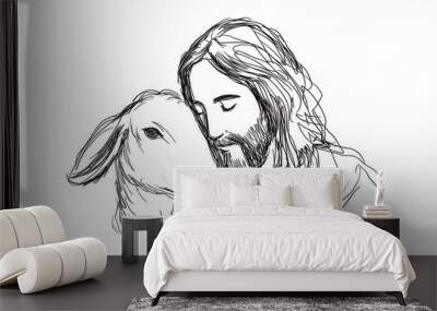 Jesus Christ with lamb, peaceful and spiritual line art sketch Wall mural