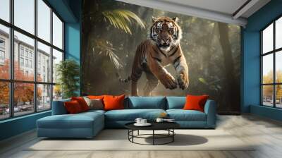 Majestic Tiger in Leap. Generative AI Wall mural