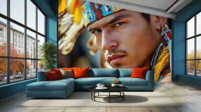 Portrait of young Native American man with traditional beads Wall mural