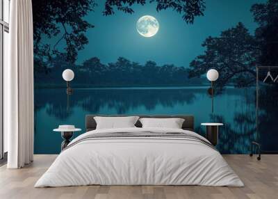 Sharad Purnima night with glowing full moon reflecting on water Wall mural