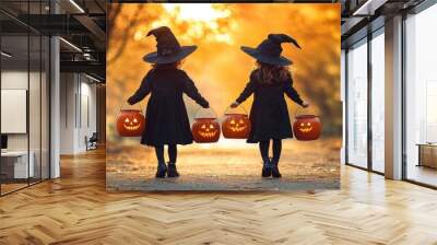 Two Children in Witch Costumes Walking at Golden Sunset Wall mural