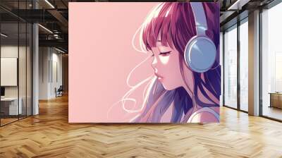 Beautiful anime woman listening to music with headphones. Manga, cartoon drawing of pretty lady relaxing and listening to lofi hip hop music. Study girl chilling. Colorful comic style artwork. Wall mural