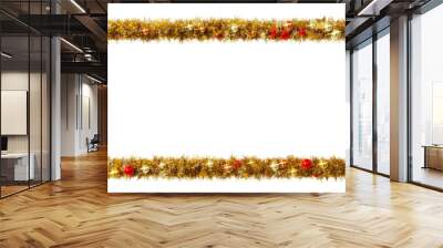 Beautiful christmas wreath of golden leaves in the shape of 1 to 2 rectangle frame with shiny stars and colorful orbs, on transparent background (RGBA 3D Rendering PNG)	 Wall mural