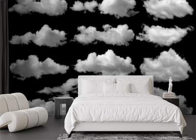 beautiful white clouds elements set, isolated on black background. Wall mural