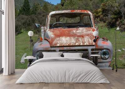 Bedford truck. Te Urewera National Park New Zealand. Oldtimer truck. Abandoned. Bedford. Rusty Wall mural