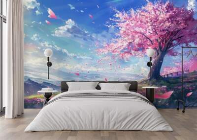 A bright spring day showcases blossoming cherry trees surrounded by colorful petals drifting in the breeze, creating a tranquil atmosphere Wall mural