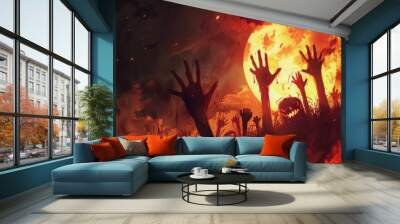 A fiery spectacle of pumpkins and zombies illuminates the night sky, creating a hauntingly festive atmosphere Wall mural