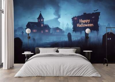 A ghostly banner displays Happy Halloween amidst thick fog, with shadowy gravestones and haunted houses creating an eerie atmosphere Wall mural