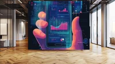 A hand grips a smartphone showcasing colorful graphs and stats against a dark, tech-inspired backdrop filled with digital elements Wall mural