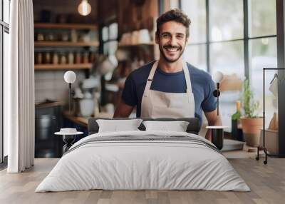 an American man in an apron prepares to cook in the kitchen Wall mural