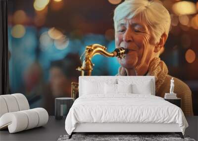 An older woman plays the saxophone passionately at a lively jazz club Wall mural