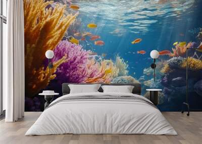 An underwater view reveals a rich coral ecosystem filled with lively fish and vibrant corals Wall mural