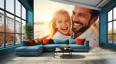 Caucasian child girl traveling on a cruise ship with their father enjoying the beautiful sunny atmosphere on the ship Wall mural