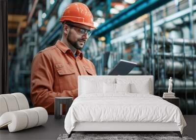 Caucasian male engineer is checking data on tablet phone at industrial site Wall mural