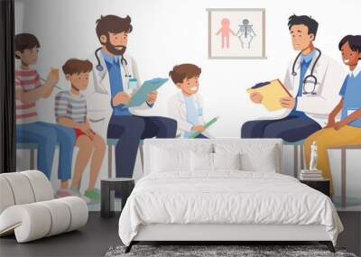 Children interact with doctors in a clinic, awaiting their appointments in a welcoming environment Wall mural