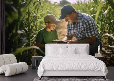 Father showing his son digital tablet business farming in corn field Wall mural