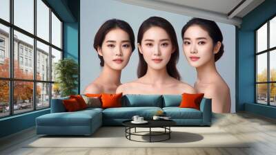 group of a Beautiful young asian woman with clean fresh skin on white background, Face care, Facial treatment, Asian women portrait Wall mural