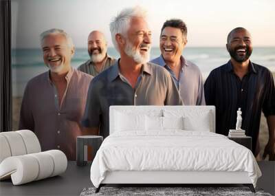 group of senior men walking on the beach happily Wall mural