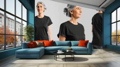 hispanic woman wearing black t-shirt. Side view, back and front view mockup template Wall mural