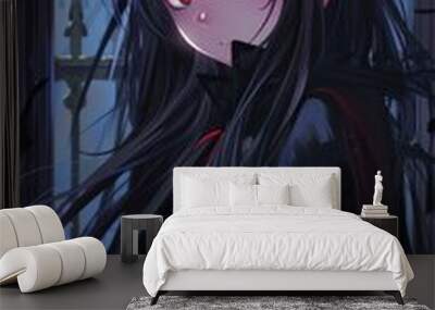 In a shadowy castle, a young girl dressed as Dracula with long black hair and vivid red eyes looks thoughtfully, cloaked in mystery Wall mural