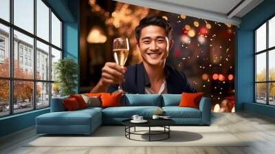 portrait of a happy asian man holding drink in the new year Wall mural