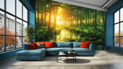 Sunlight Filtering Through Forest Wall mural