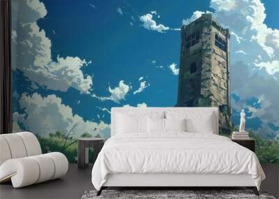 The tall, majestic tower stands under a bright blue sky, framed by fluffy clouds and vibrant wildflowers in a peaceful landscape Wall mural