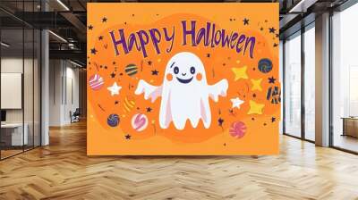 This Halloween banner features bold purple Happy Halloween text, a friendly ghost, candy, and stars on an orange background Wall mural