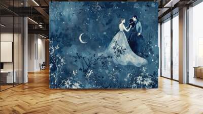 Two elegantly dressed individuals share a romantic dance in a flower-filled forest illuminated by a glowing moon Wall mural