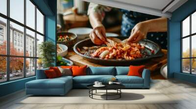 Woman making kimchi cabbage on wooden board, Popular homemade Korean traditional fermented side dish food Wall mural