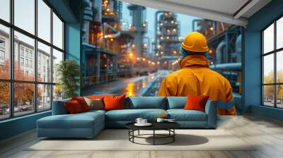 A worker in a yellow safety gear hard hat Labour Day Concept Wall mural