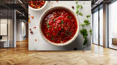 Top view of hot red spicy chilli sauce with a white background
 Wall mural