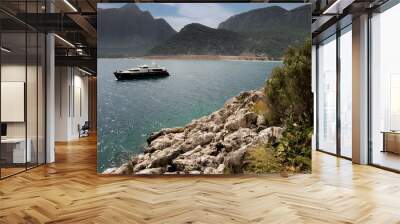 Luxury yacht. Motorboat at Mediterranean Sea. Coast of Turkey. Luxury life. Wall mural