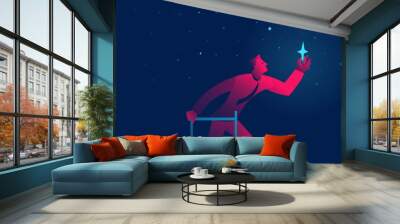 businessman reaches the star. achieving goal business concept vector illustration in red and blue neon gradients Wall mural