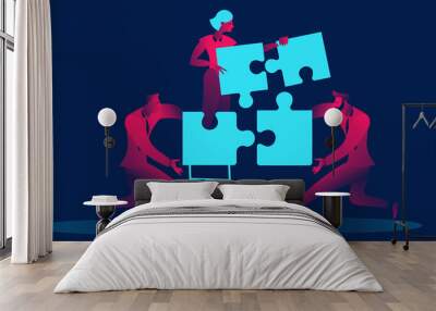 Team concept, people connecting puzzle elements in red and blue neon gradients. Symbol of teamwork, cooperation, partnership Wall mural