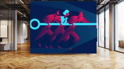 Team work business concept in red and blue neon gradients. Businessmen and businesswoman holding giant key to the keyhole Wall mural