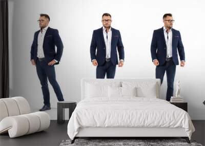 Business man in full growth, standing on a white background. Model man five poses. Wall mural