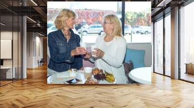 Two mature women drink coffee in a cafe. Seniors women longtime friends in travel have lunch at a roadside restaurant. Wall mural