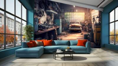 Vintage auto garage. Inside the car repair station. Illustration generated in AI Wall mural