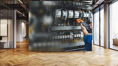 Electrician measurements with multimeter testing current electric in control panel, safety concept . Wall mural