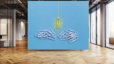 Great ideas concept with paperclip,thinking,creativity,light bulb on blue background,new ideas concept. Wall mural