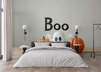 Bold boo with a playful ghost shadow and enigmatic fog rolling in for a spooky atmosphere Wall mural