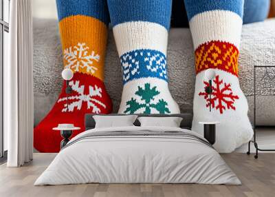 Cozy closeup of colorful winter socks with snowflake patterns perfect for a warm and inviting atmosphere Wall mural