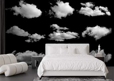 White clouds elements set, isolated on black background. Wall mural