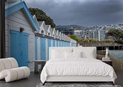 Wooden beach houses. Oriental bay. Boats at Yacht harbour. Coast.Wellington New Zealand. Wall mural