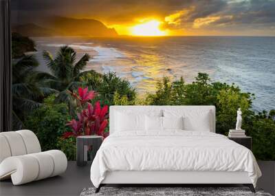 Scenic view of north shore of Hawaiian island of Kauai with its famous Napali coast at sunset Wall mural