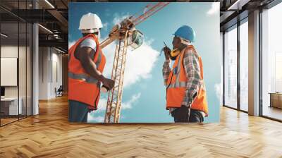 Engineering, construction and team with walkie talkie and crane for building project, teamwork or communication. Black woman and man manager outdoor for engineer planning or safety inspection Wall mural